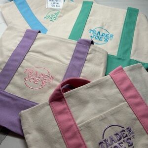 New Trader Joe's Set of 4 Mini Tote Bags - Pink Purple Blue Green Spring Canvas